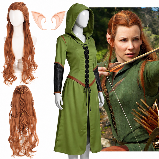 Tauriel costume set with green hooded dress, braided auburn wig and elven ears; bow and arrows not included