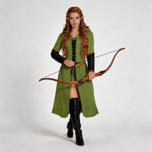 Tauriel green dress costume worn with braided auburn wig; bow and boots shown are not included