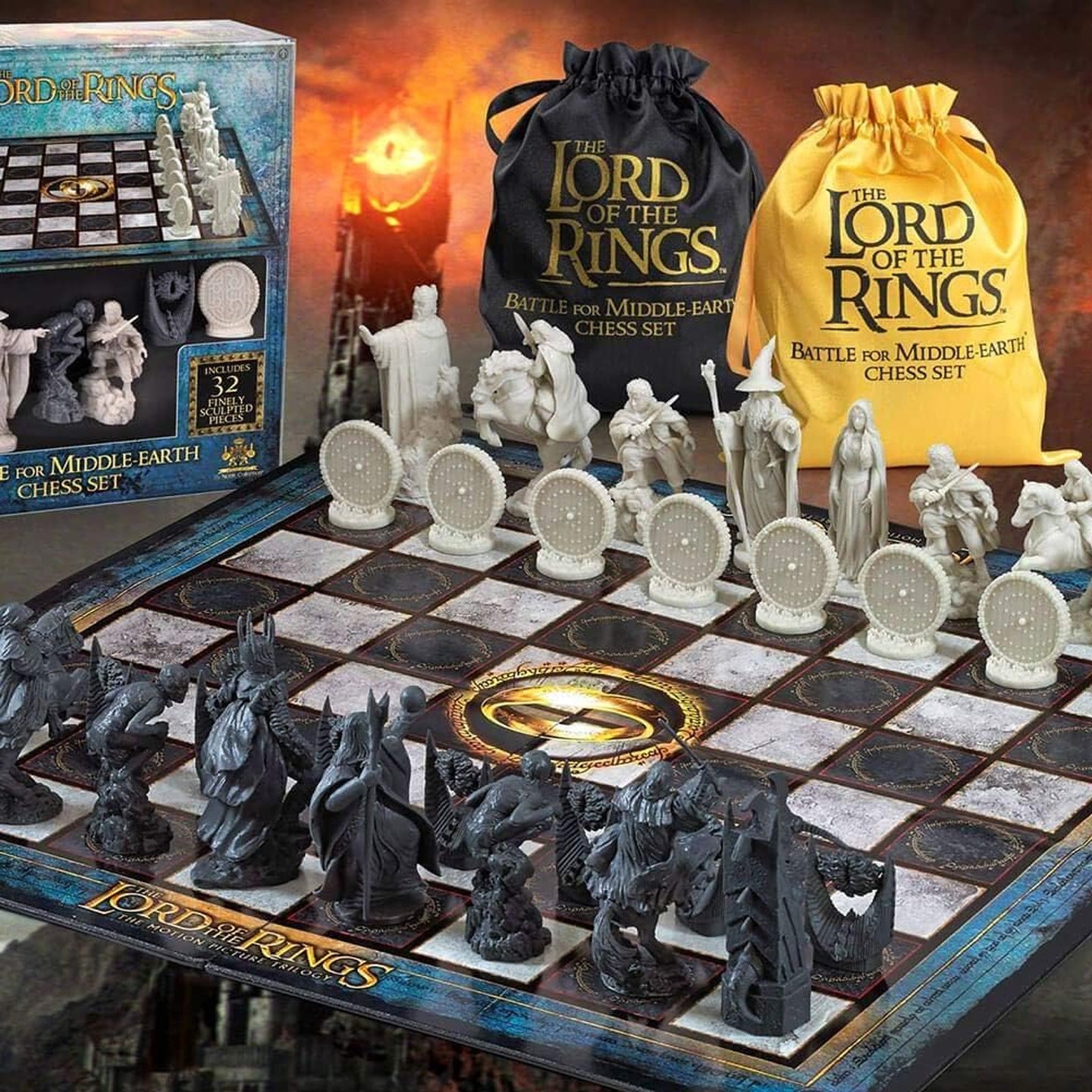 Complete collectible chess set with opposing pieces and drawstring pouches