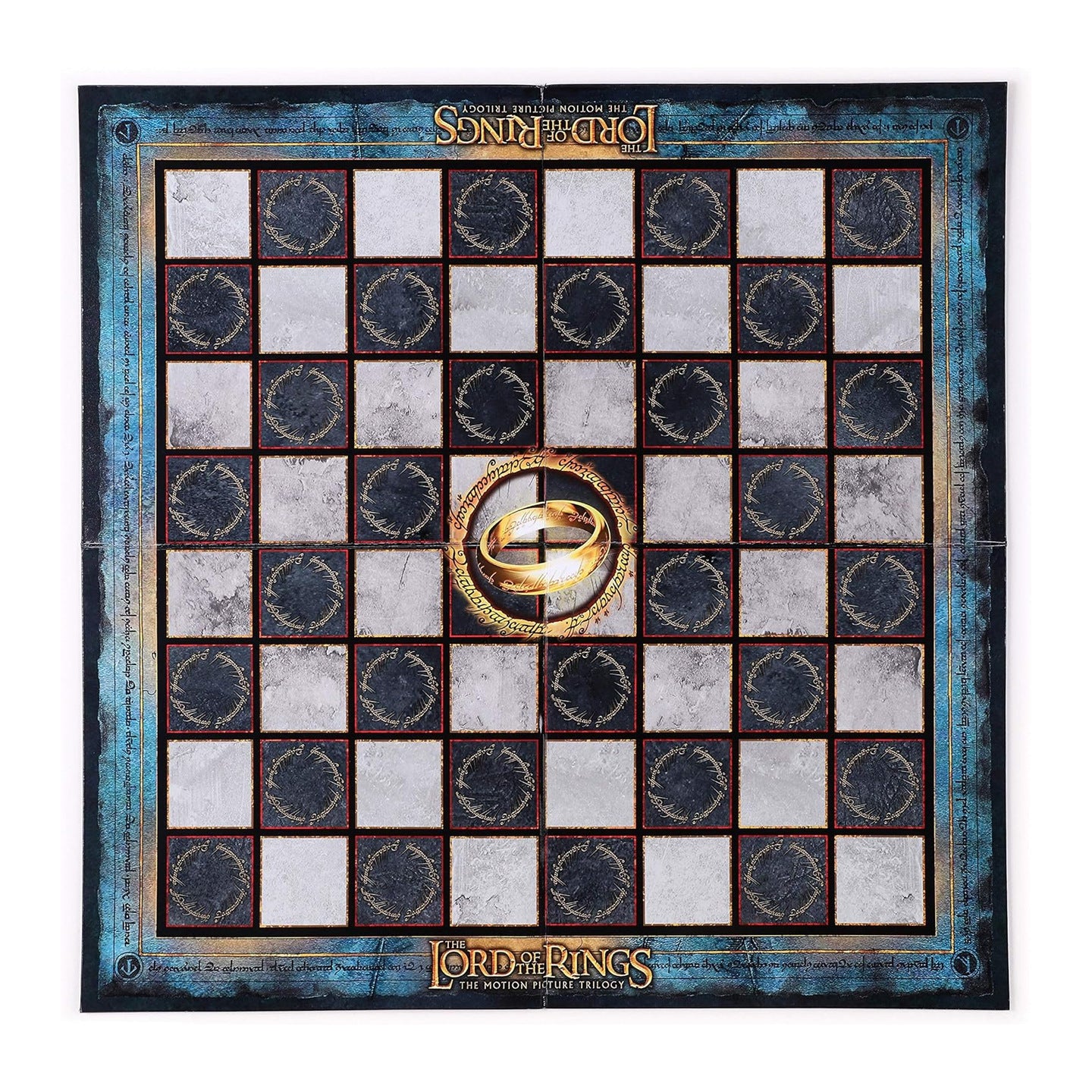 Top view of the fantasy chessboard with a golden ring emblem at the centre