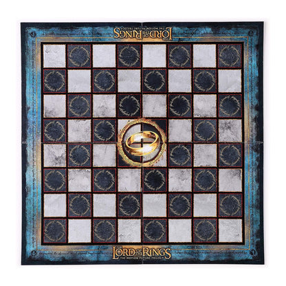 Top view of the fantasy chessboard with a golden ring emblem at the centre