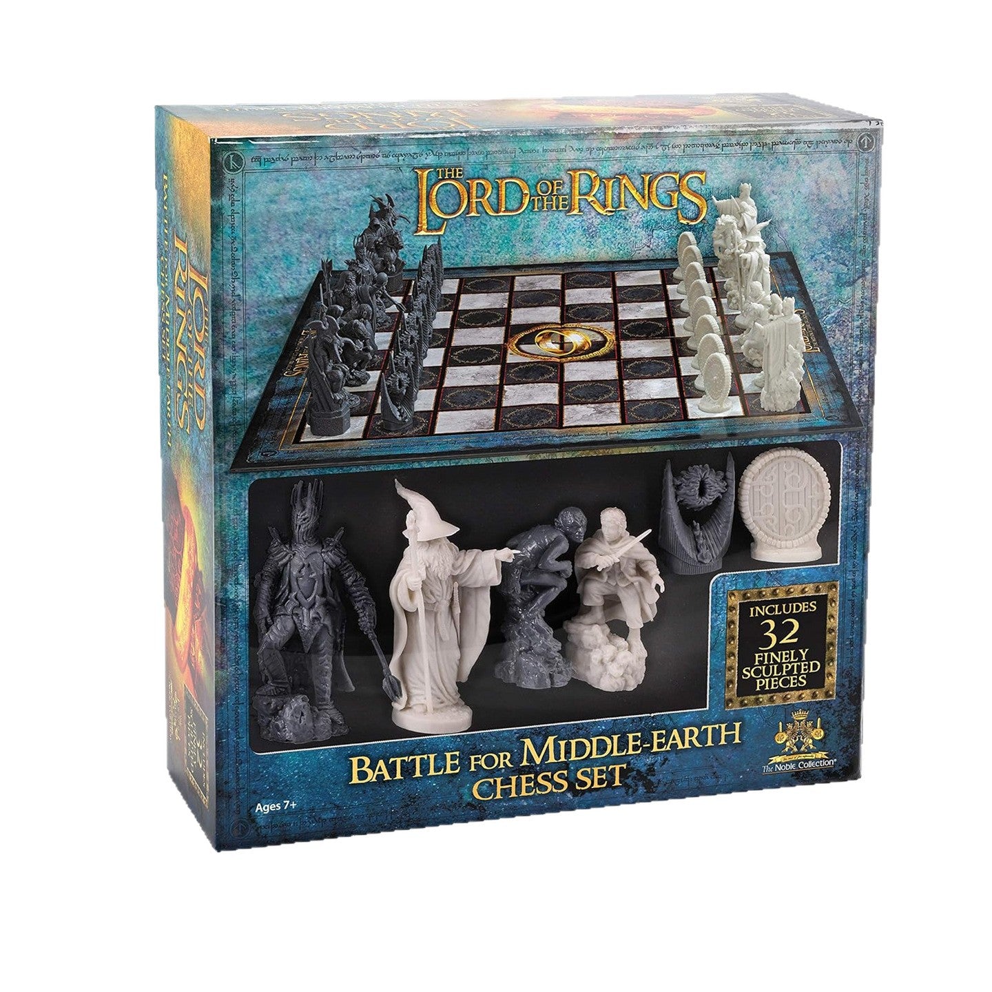 Chess set packaging with close-up views of the sculpted pieces