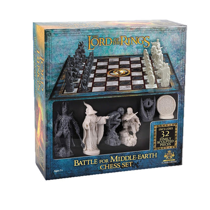 Chess set packaging with close-up views of the sculpted pieces