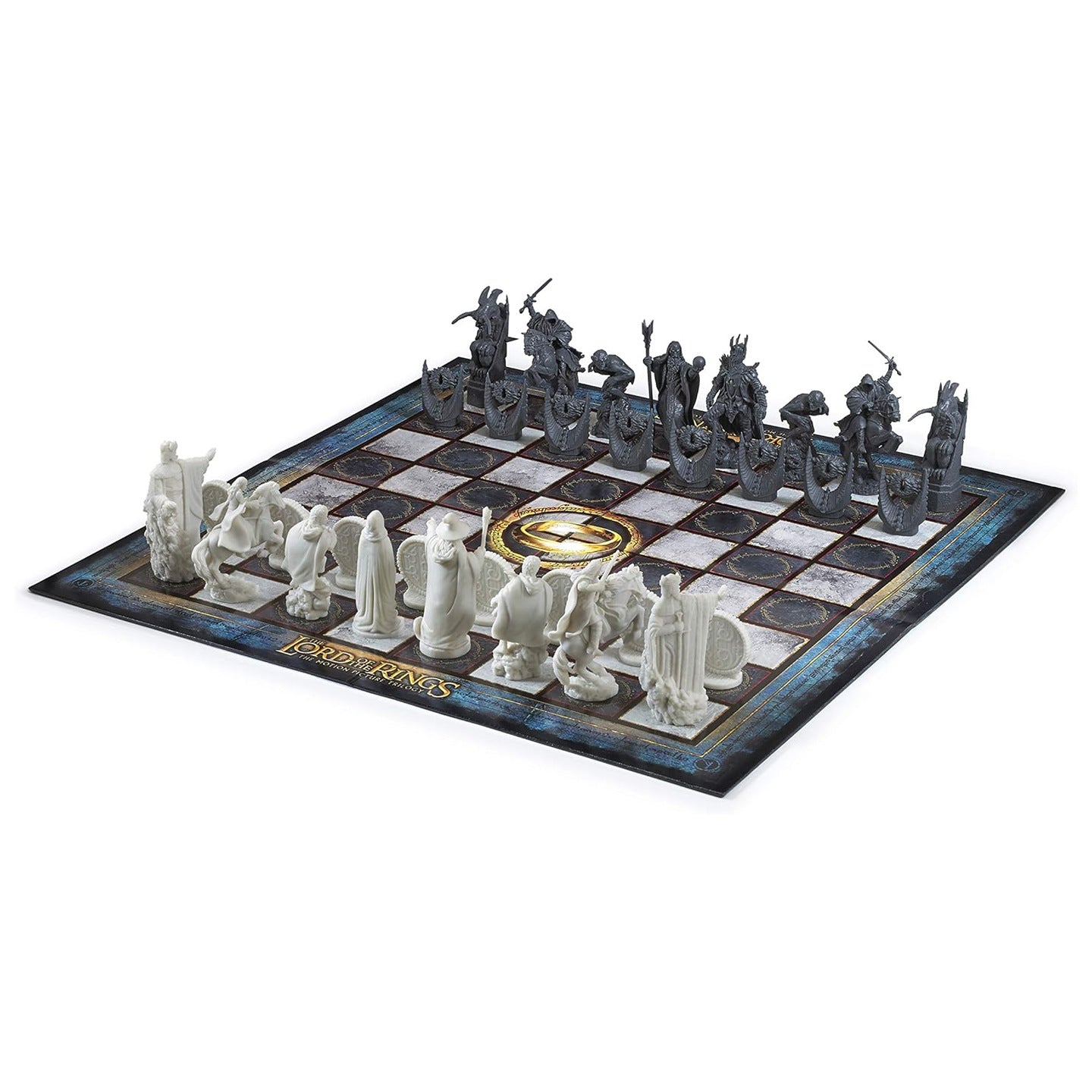 Middle-earth chessboard with sculpted light and dark character pieces