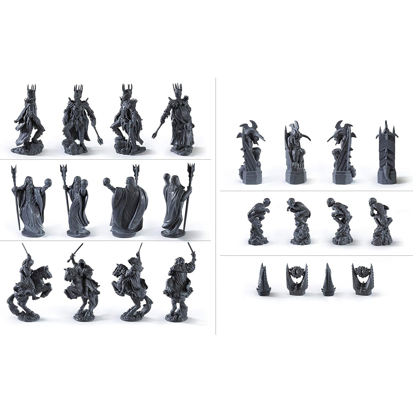 Full set of black-finish sculpted chess pieces