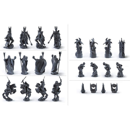 Full set of black-finish sculpted chess pieces