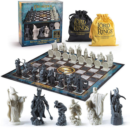 Complete Lord of the Rings Middle-earth chess set with board, pieces, box and storage pouches