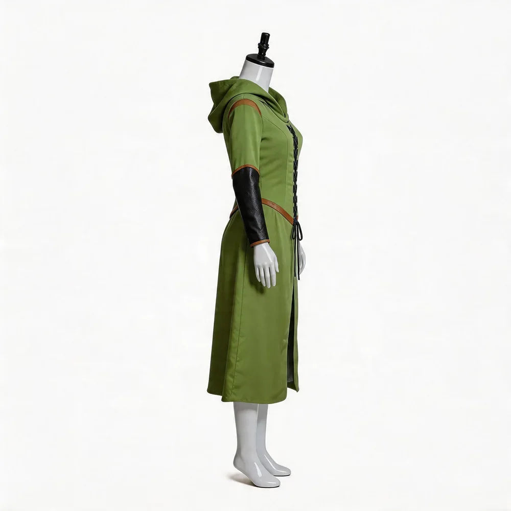 Side view of the Tauriel dress showing the hood, brown trim and dark sleeves