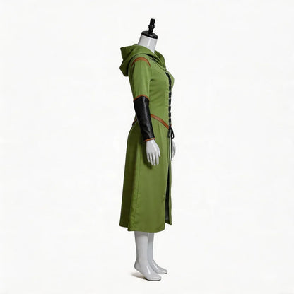Side view of the Tauriel dress showing the hood, brown trim and dark sleeves