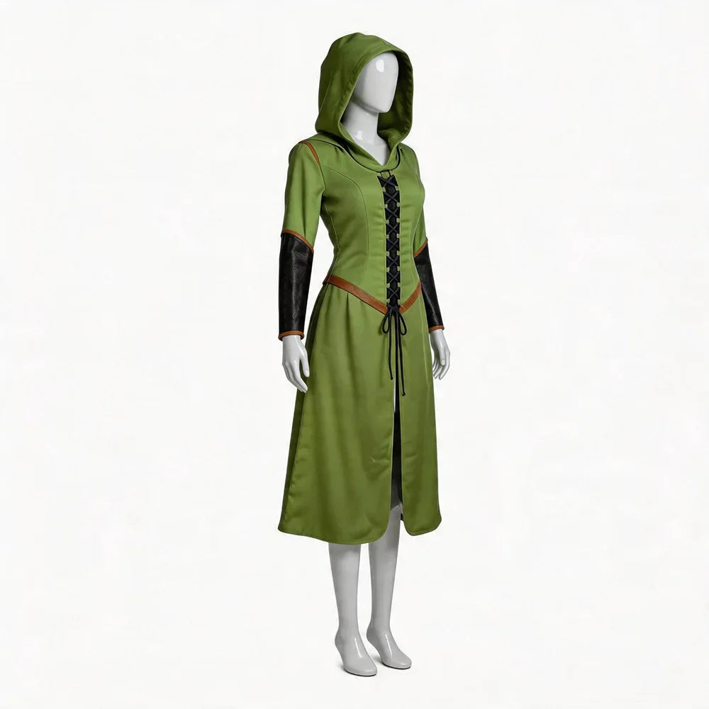 Three-quarter view of the green hooded Tauriel costume dress on a mannequin