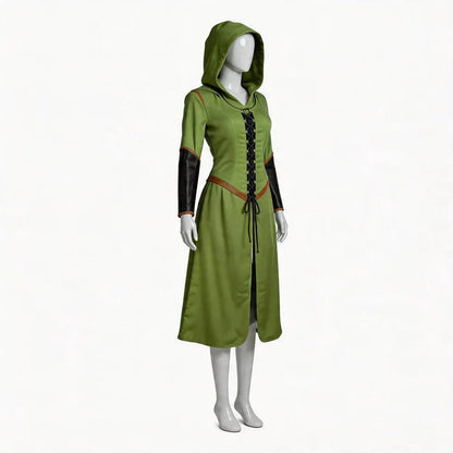 Three-quarter view of the green hooded Tauriel costume dress on a mannequin