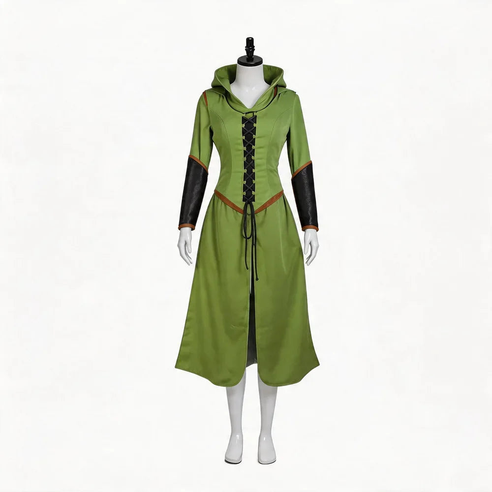 Front view of the green Tauriel costume dress with lace-up front and dark sleeve panels
