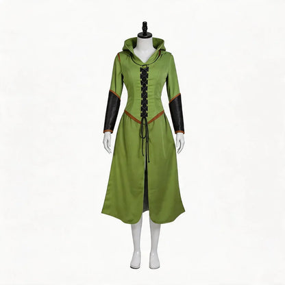 Front view of the green Tauriel costume dress with lace-up front and dark sleeve panels