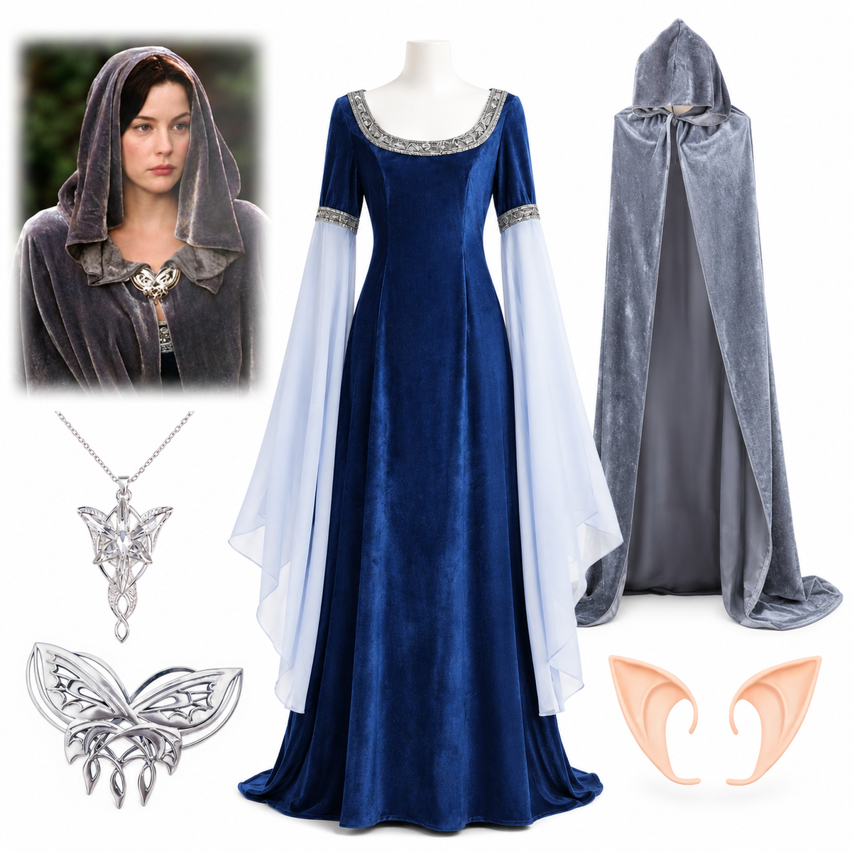 Dress Set + Cloak: Arwen dress, Evenstar necklace, elven ears, hooded cloak and butterfly brooch