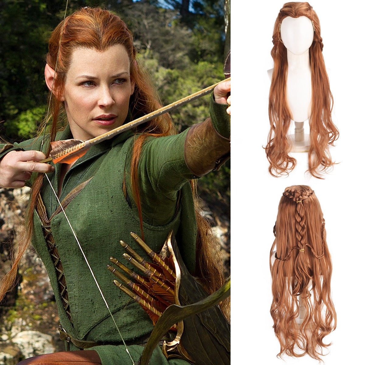 Tauriel character styling reference beside front and rear views of the included auburn wig