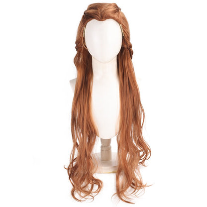 Braided auburn Tauriel wig with long wavy hair, front view