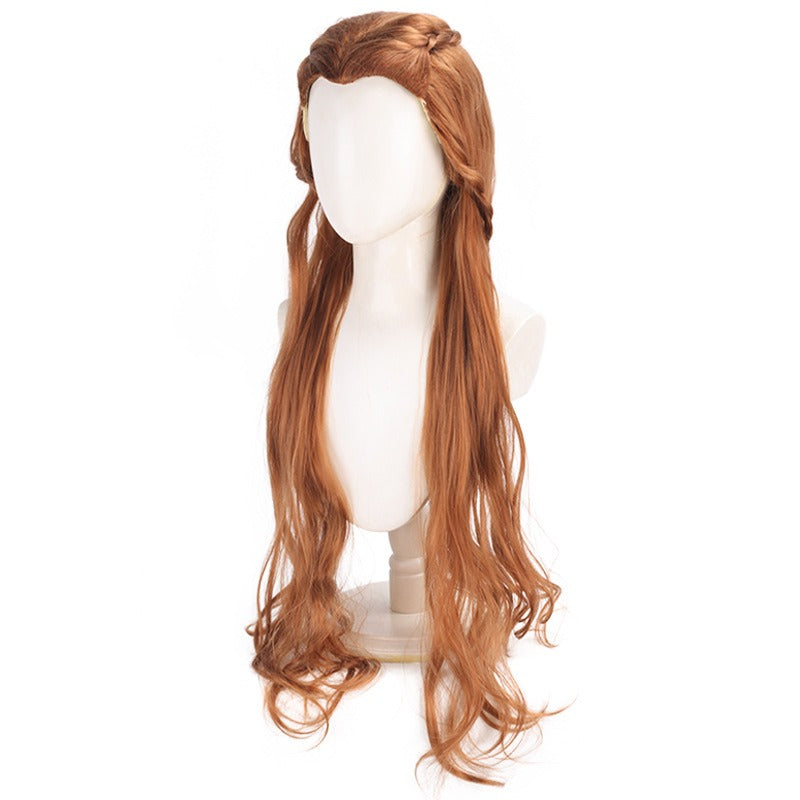 Front view of the long auburn Tauriel wig on a mannequin head