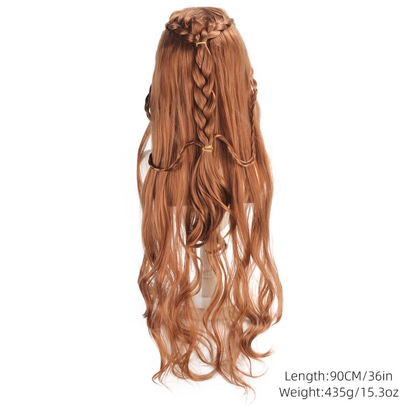 Rear view of the included braided auburn wig, 90 cm long and weighing 435 g