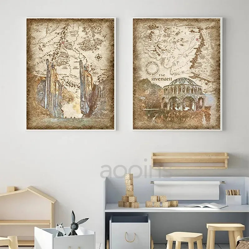 Realms of Middle-earth canvas print collection - display example; frame not included