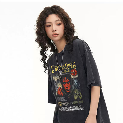 Short-Sleeve T-Shirt Men Washed Distressed Loose Pure Cotton Clothing