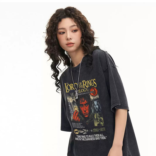Short-Sleeve T-Shirt Men Washed Distressed Loose Pure Cotton Clothing