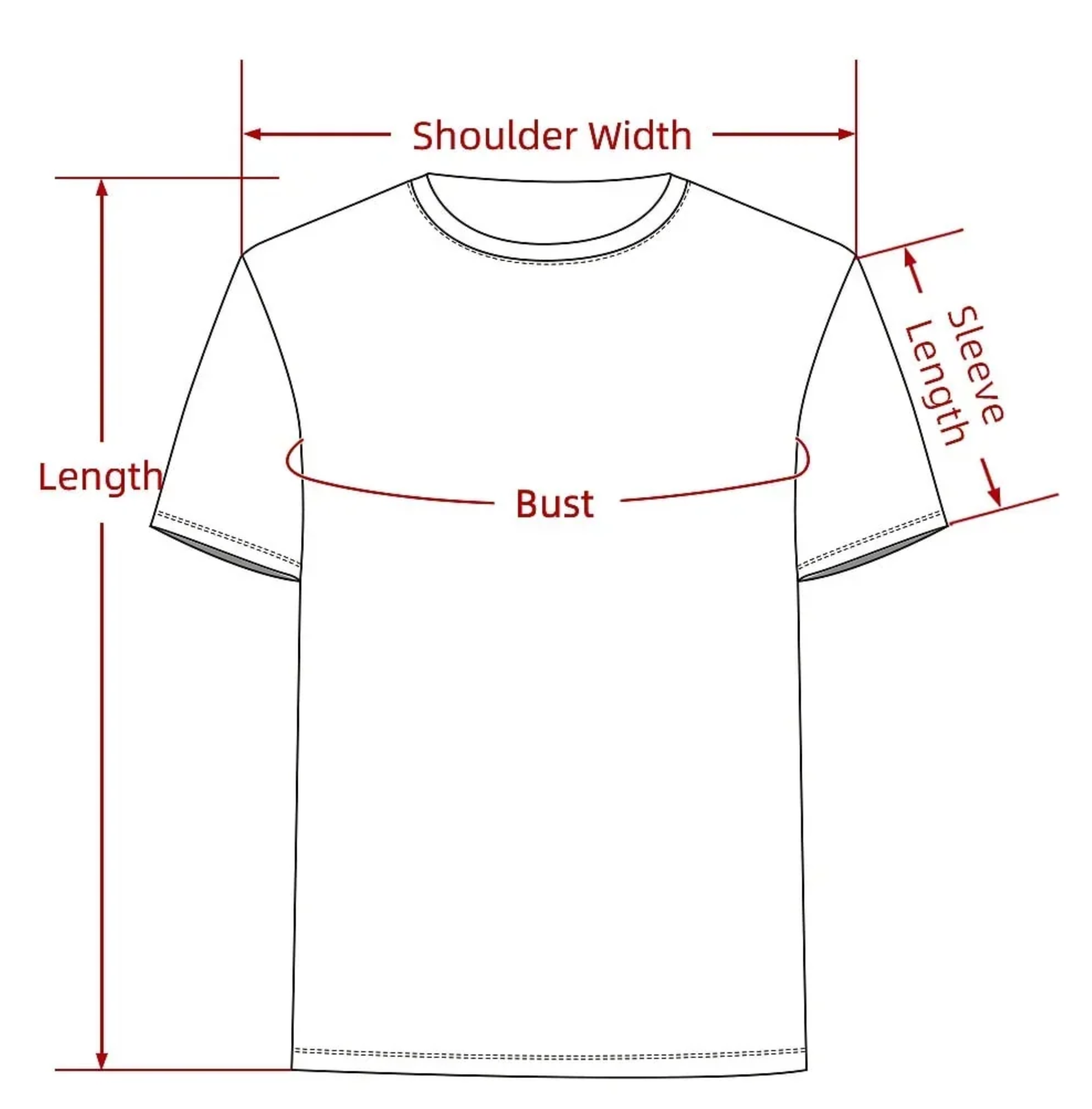 T-shirt measurement diagram showing shoulder width, bust, length, and sleeve length