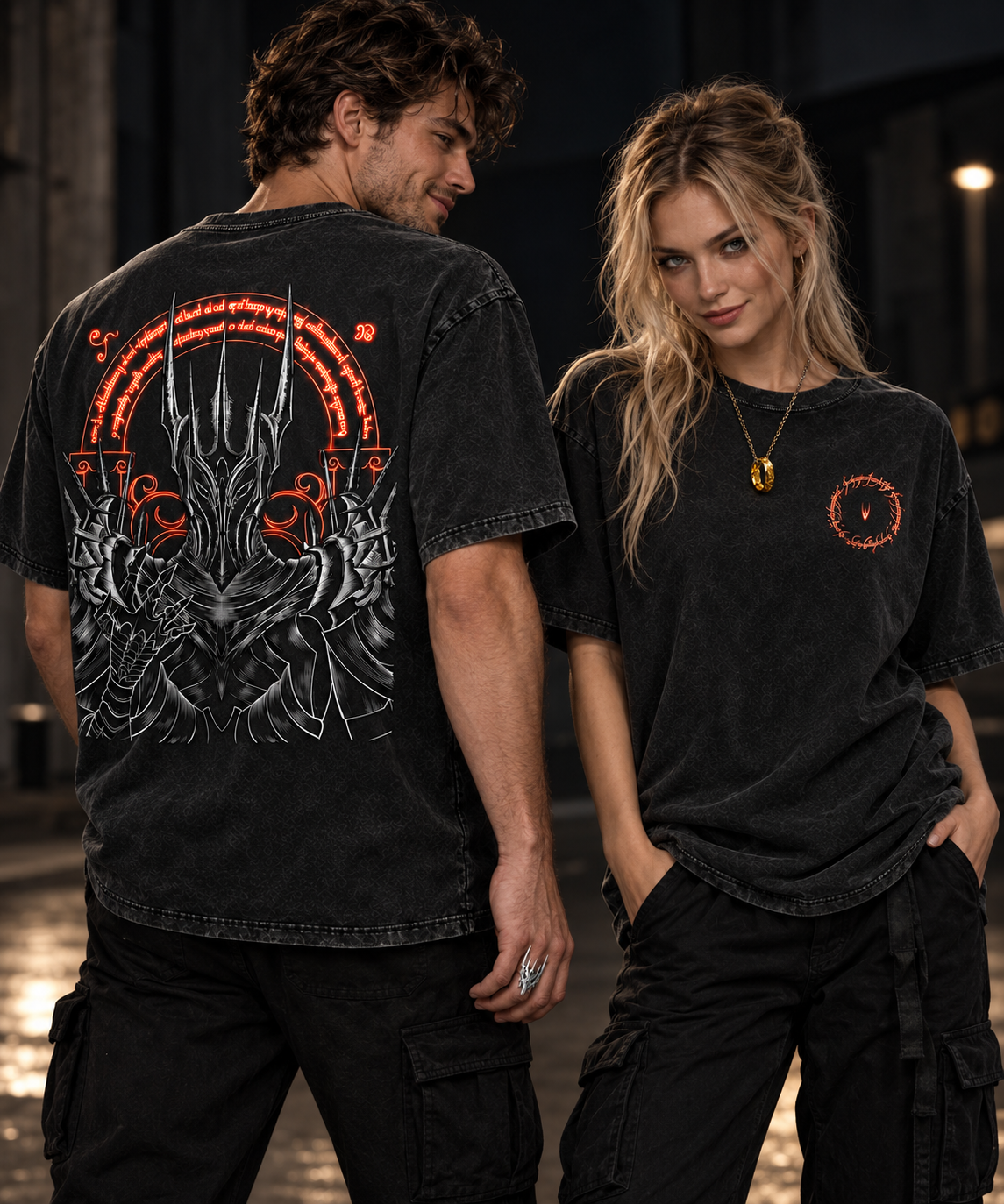 Two models wearing the Sauron T-shirt, showing the front and back designs.